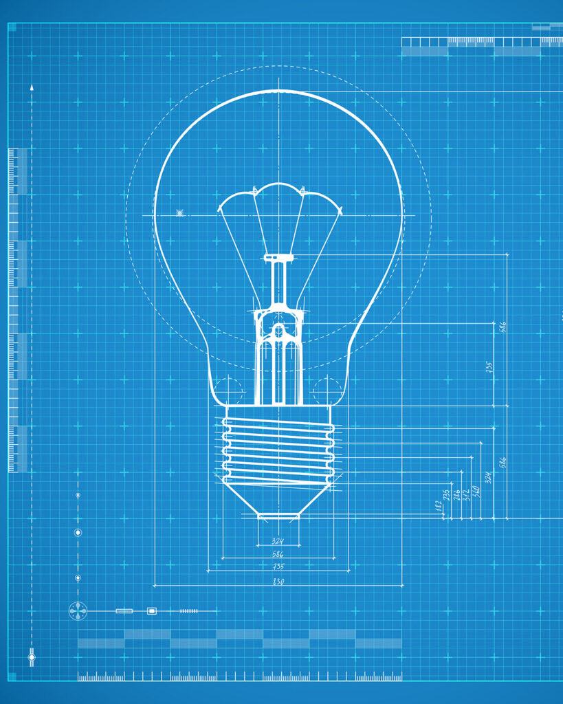 Blueprint image of a lightbulb accompanying Feig Mediation Group's Late Again Part 2 blog post
